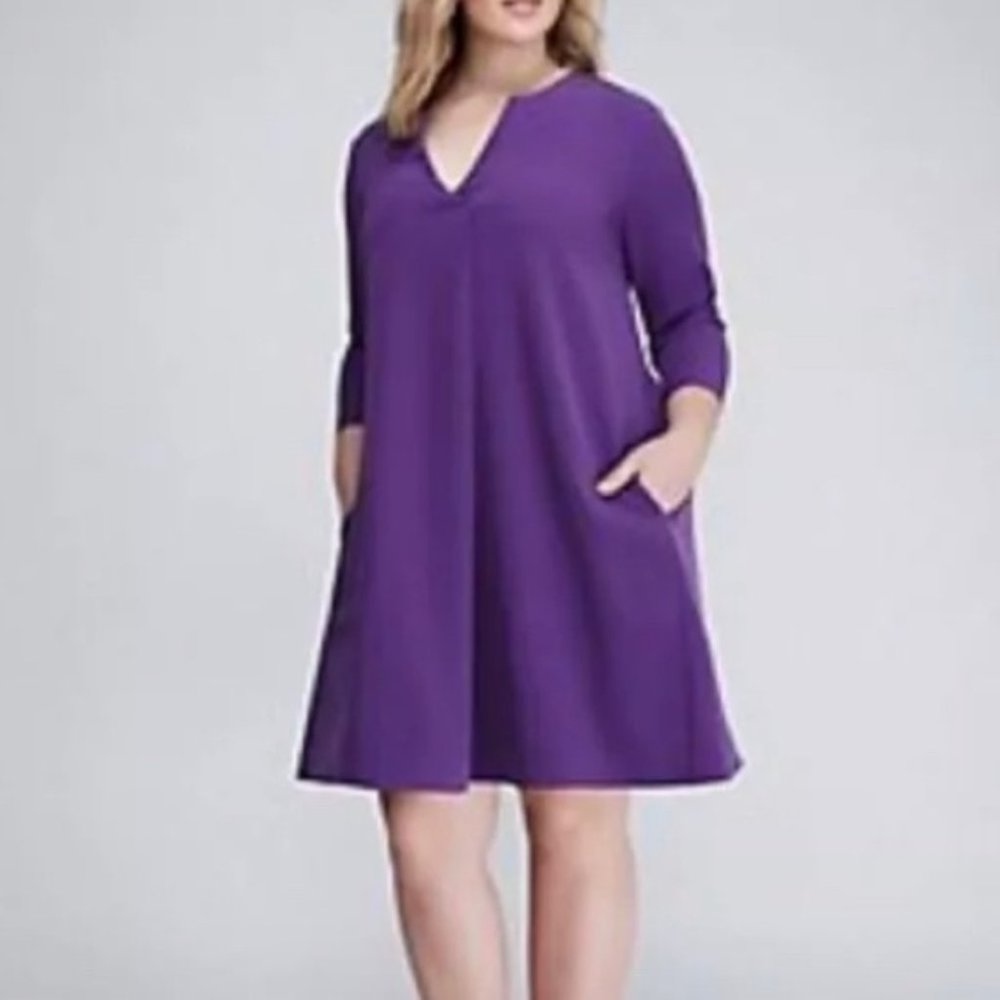 Lane Bryant Infinite Stretch 3/4 Sleeve Purple Dress V Neck NWT Size 14-…